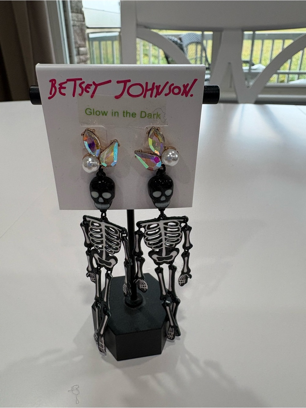 Betsey Johnson Black Skeleton Glow in the Dark Drop Earrings Crystal and Pearl
